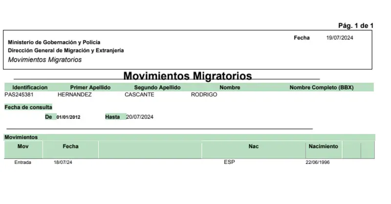 El documento compartido por Migración y Extranjería. (CR Hoy)
