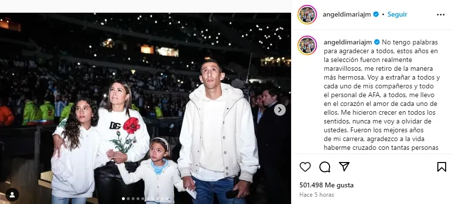 El posteo de Di María tras su despedida de la Selección (Instagram @angeldimariajm).