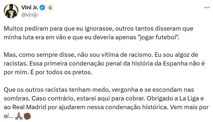 Vini comemora prisão de criminosos – reprodução: Perfil oficial do X de Vini Jr.