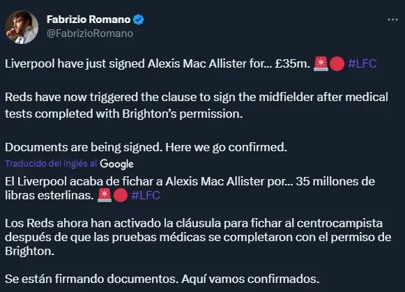 Fabrizio Romano reveló cuánto paga Liverpool por Mac Allister.