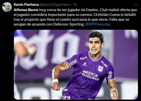 Alfonso Barco podría llegar a Emelec (Foto: X).