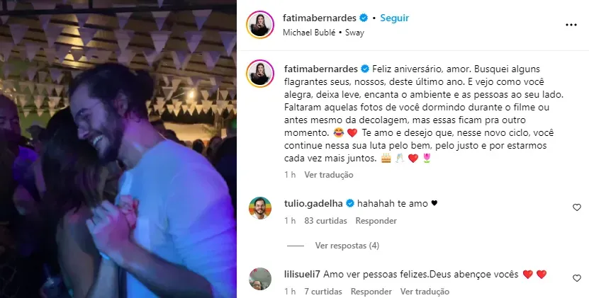 Fátima faz declaração para Túlio nas redes sociais – Reprodução/Instagram de Fátima Bernardes