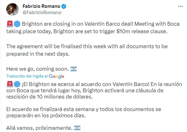 El tuit de Fabrizio Romano.