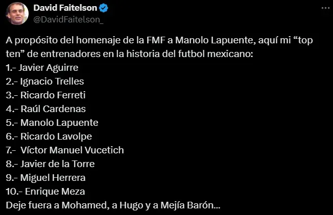 Los 10 mejores DT de la historia del futbol mexicano, según Faitelson. (@DavidFaitelson_)