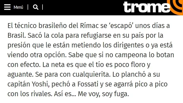 Diario Trome reveló que Tiago Nunes no seguiría en Sporting Cristal. | Créditos: Diario Trome.