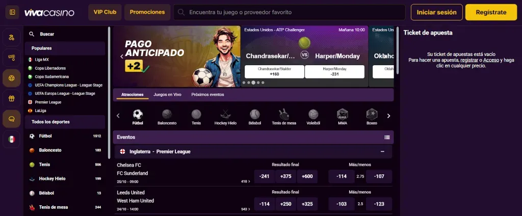 oferta de apuestas en Vivacasino deportes