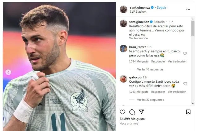 El mensaje de Santi Giménez tras la derrota de la Selección Mexicana (Instagram)