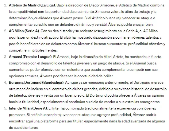 Los clubes que recomienda la Inteligencia Artificial para Julián Álvarez (ChatGPT).