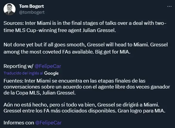 Julian Gressel, cerca de ser refuerzo de Inter Miami (Twitter @tombogert).