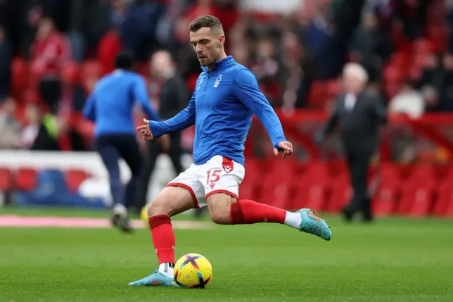 Harry Toffolo of Nottingham Forest warms up prior to the Premier League match. (Photo by Catherine Ivill/Getty Images)