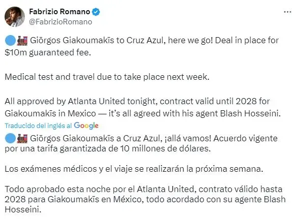 Fabrizio Romano confirmó la llegada de Giorgos Giakoumakis a Cruz Azul (X)