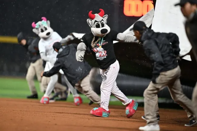 Cuerpo de mantenimiento de Diablos Rojos del México colocando la lona sobre el terreno del Estadio ALfredo Harp Helú (Cortesía)