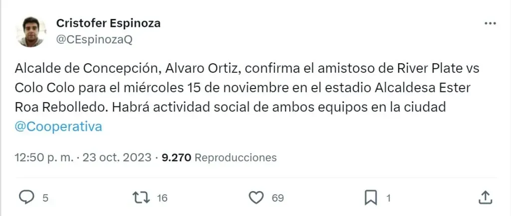 La información sobre el amistoso entre Colo Colo y River Plate (@CEspinozaQ)