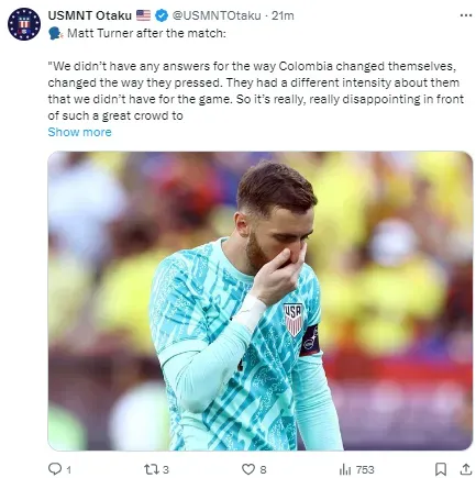 Matt Turner reacting to the result against Colombia