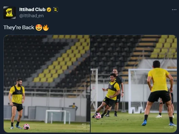 Benzema y Romarinho volvieron a los entrenamientos (Twitter @ittihad_en).