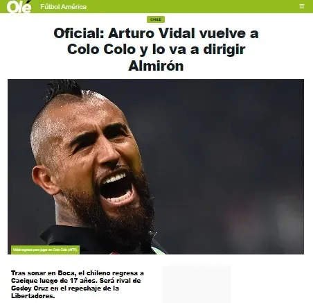 Olé en Argentina reaccionó a la vuelta de Arturo Vidal a Colo Colo. | Foto: Captura.