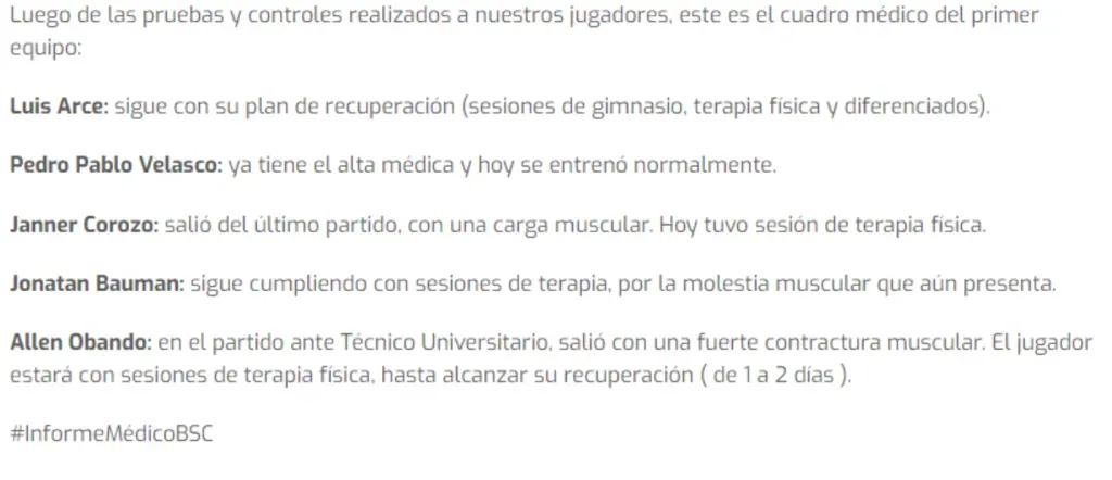 Informe médico de Barcelona SC.