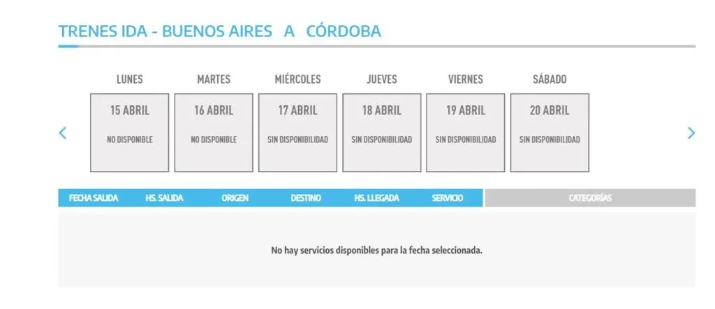 No hay disponibilidad del servicio de tren desde Buenos Aires a Córdoba para el Superclásico entre River y Boca de los cuartos de final de la Copa de la Liga 2024.