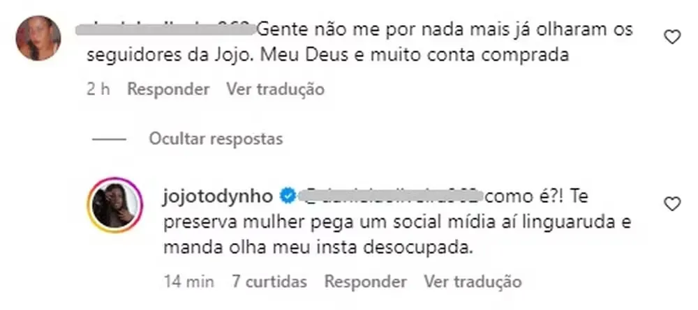 Jojo Todynho rebate comentário sobre seguidores em seu perfil. Reprodução: Instagram/Jojo Todynho.