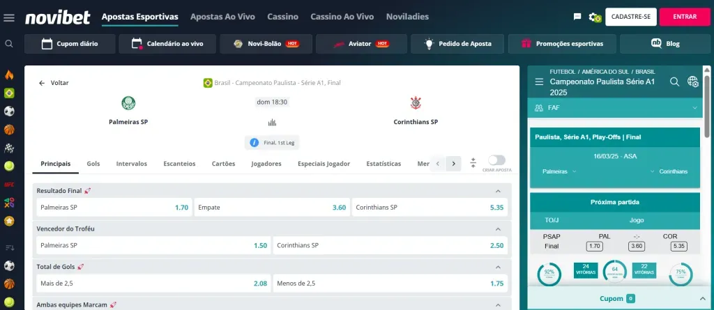 Captura de tela do site oficial da Novibet indicando os mercados de apostas para o jogo Palmeiras x Corinthians