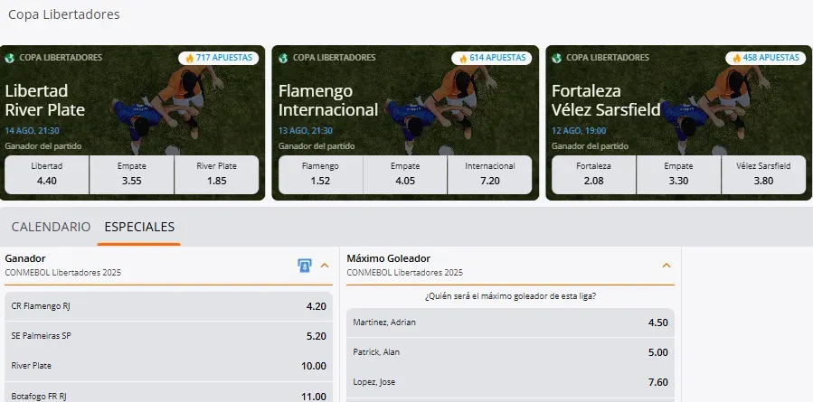 Cuotas de Copa Libertadores para River, Flamengo y Vélez Sarsfield en Betsson