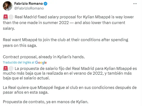 Tuit de Fabrizio Romano sobre la postura del Real Madrid.