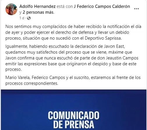 Publicación del abogado Adolfo Hernández, Facebook