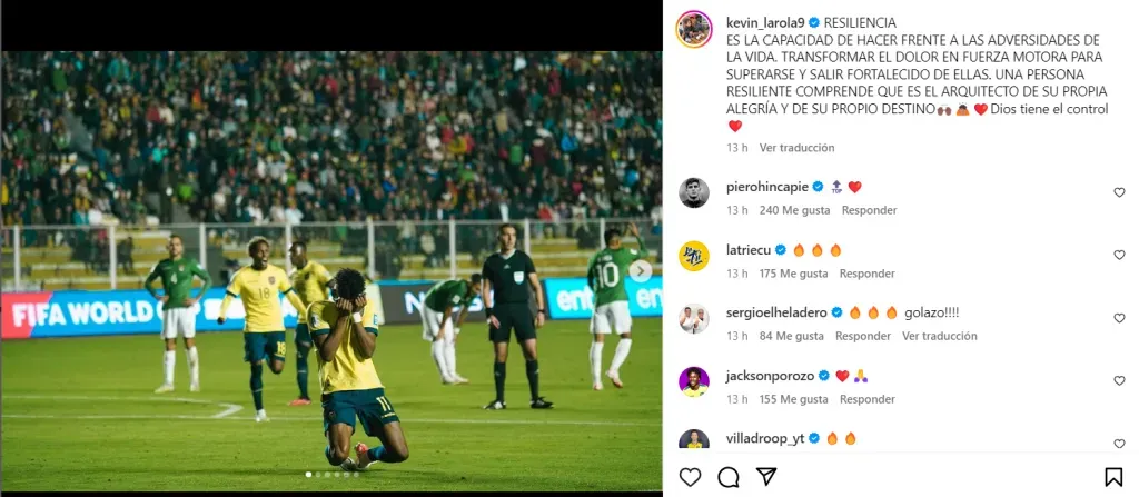 Este fue el mensaje que Kevin Rodríguez escribió en sus redes sociales, el mismo fue felicitado por varios jugadores de la Selección de Ecuador. (Captura de pantalla: @kevin_larola9)