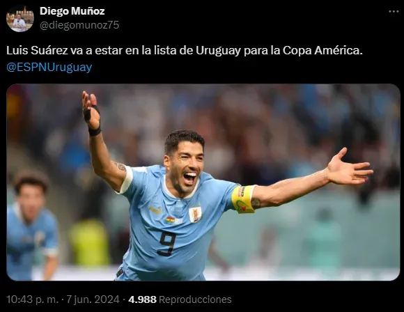 Luis Suárez va a la Copa América (X @diegomunoz75).