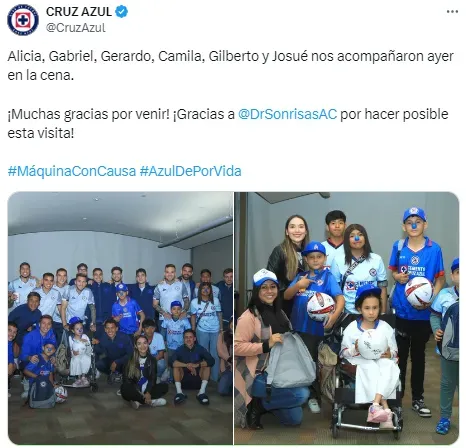 La publicación de Cruz Azul sobre el encuentro con los niños.