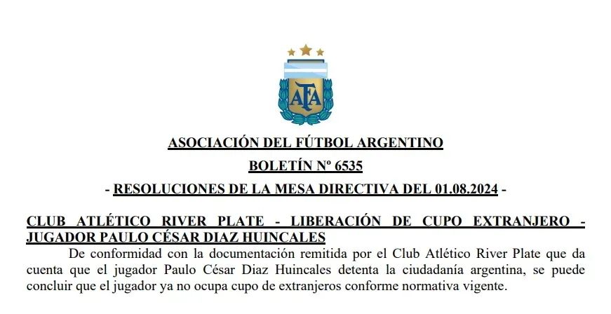 Este viernes la AFA confirmó que Díaz ya es argentino