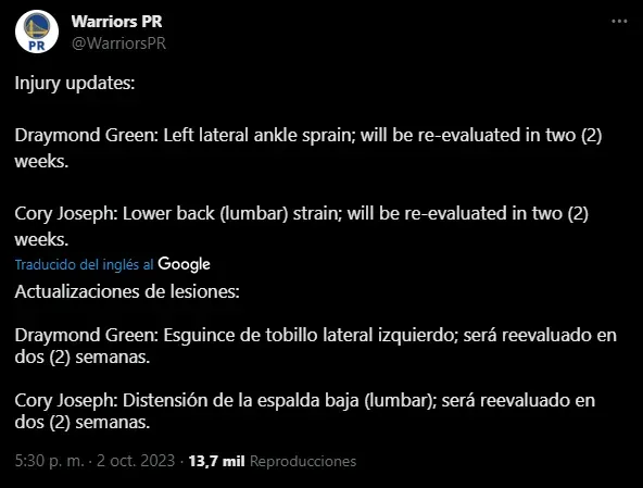 Lesiones en Golden State (Foto: X / @WarriorsPR)