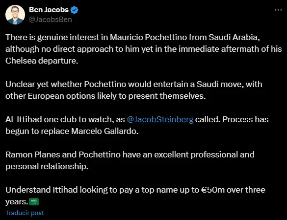 Los detalles sobre el interés de Al Ittihad por Pochettino (X @JacobsBen).