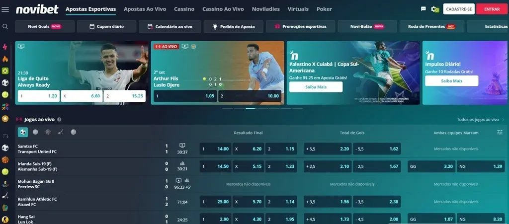 Captura de tela do site da Novibet demonstrando a plataforma e as diferentes seções pelas quais se pode navegar. 
