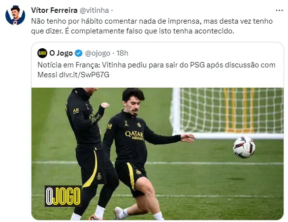 El tuit de Vitinha con el que desmintió los rumores de la discusión con Lionel Messi, que publicó L’Equipe y replicó O Jogo.