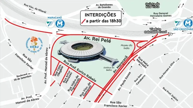Así estarán cerradas las calles aledañas al Maracaná en la previa y durante el partido de Brasil con Argentina.