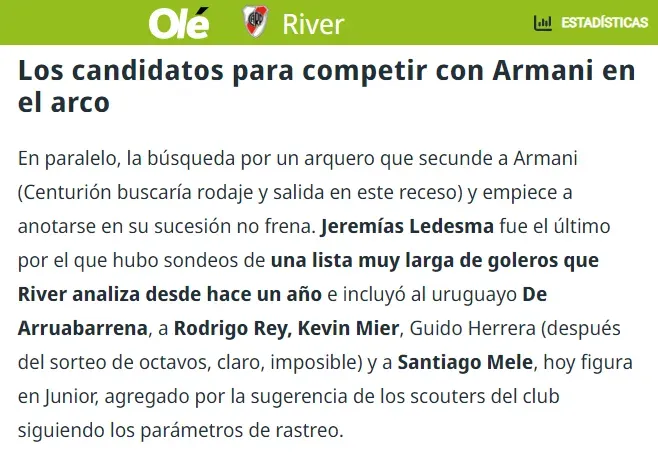 Kevin Mier, en la lista de porteros en los que River se interesa. (Diario Olé)