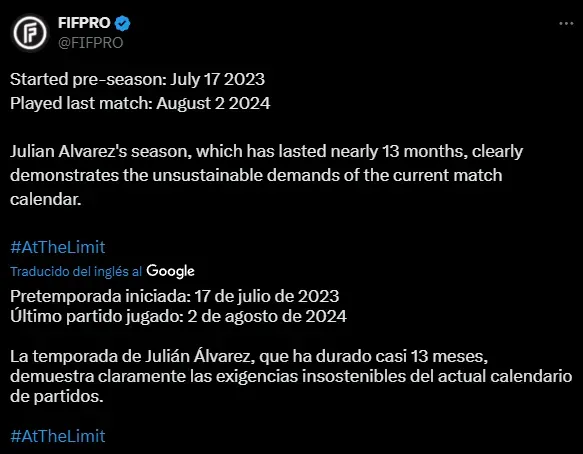 La publicación de FIFPro sobre la temporada de Julián Álvarez (X @FIFPRO).