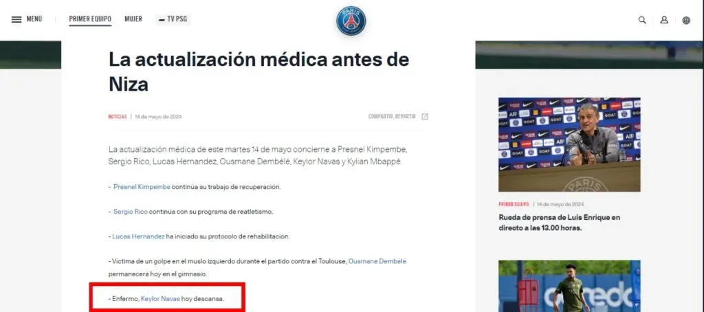 El comunicado que sacó PSG en su página oficial. (Foto: PSG)