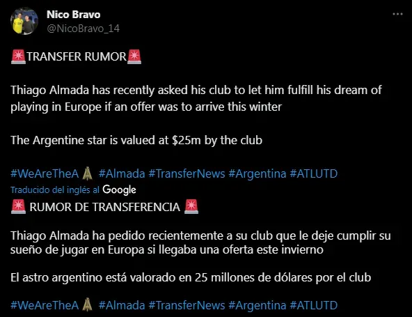 Almada pidio salir de la MLS (Foto: Twitter / @NicoBravo_14)