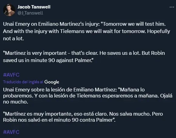 La palabra de Unai Emery sobre Dibu Martínez (Twitter @J_Tanswell).