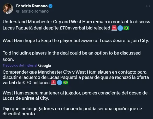 Manchester City quiere a Paquetá (Twitter @FabrizioRomano).