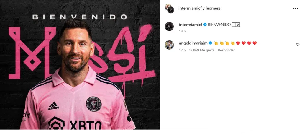 El comentario de Ángel Di María en la publicación del anuncio del Inter Miami sobre Lionel Messi en Instagram.