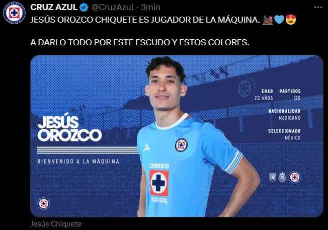 Así fue el primer posteo de Cruz Azul para presentar a Chiquete. (@CruzAzul=