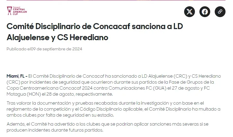 Comunicado oficial del Comité Disciplinario de Concacaf