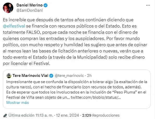 Publicación de Daniel Merino en su cuenta de X