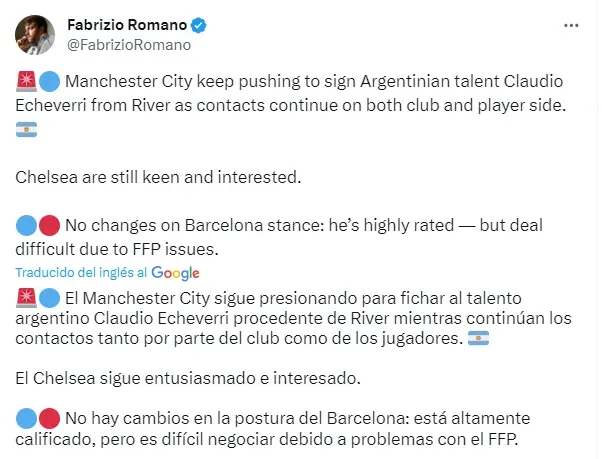 Tuit de Fabrizio Romano.