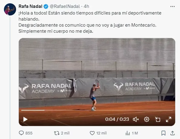 Posteo de Rafael Nadal.