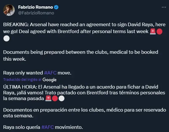 Arsenal acuerda con Brentford por David Raya (Twitter @FabrizioRomano).