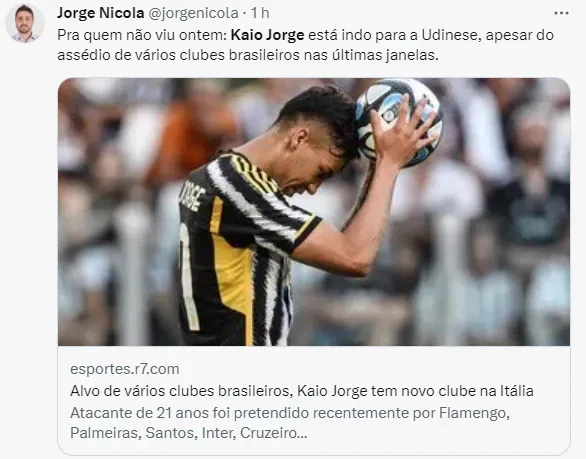 Jorge Nicola revela acerto de Kaio Jorge com a Udinese